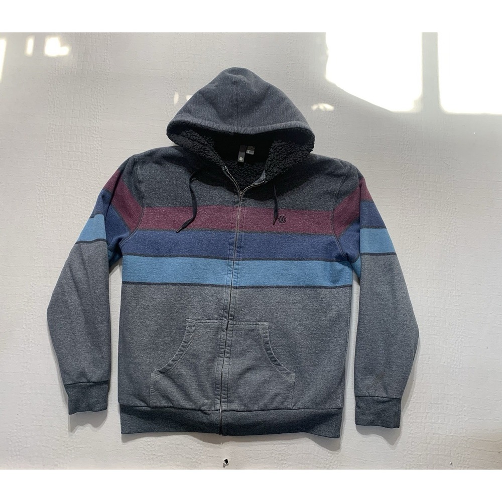 Element Hoodie Mens XL Gray Blue Striped Fleece Lined Full Zip Skater Grunge